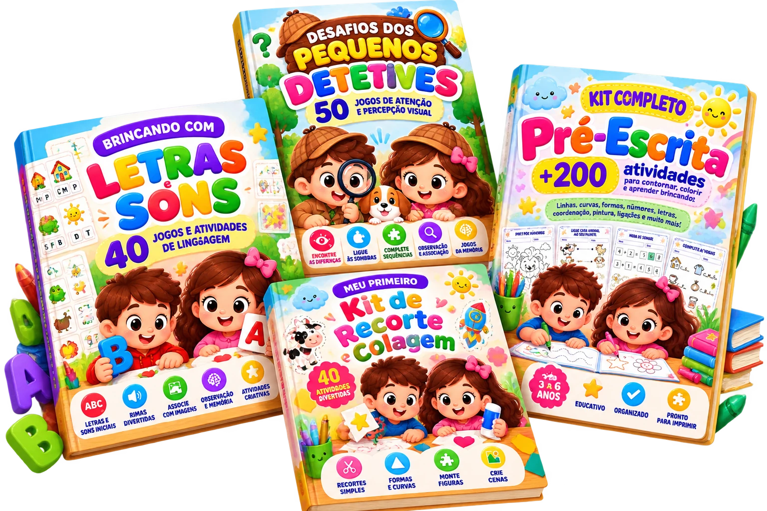 Os quatro PDFs do Kit Completo: Pré-Escrita, Letras e Sons, Pequenos Detetives e Recorte e Colagem